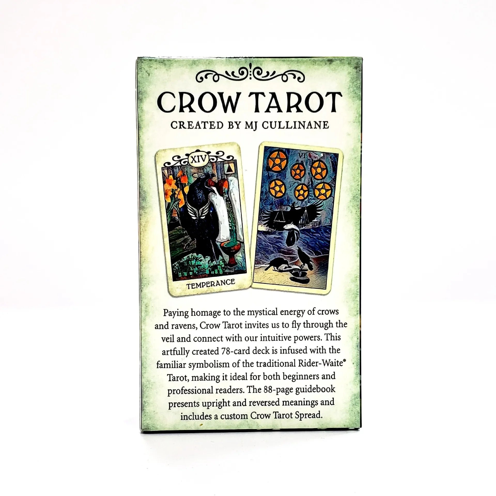 Crow Tarot card set packaging with tarot cards and text on a white background