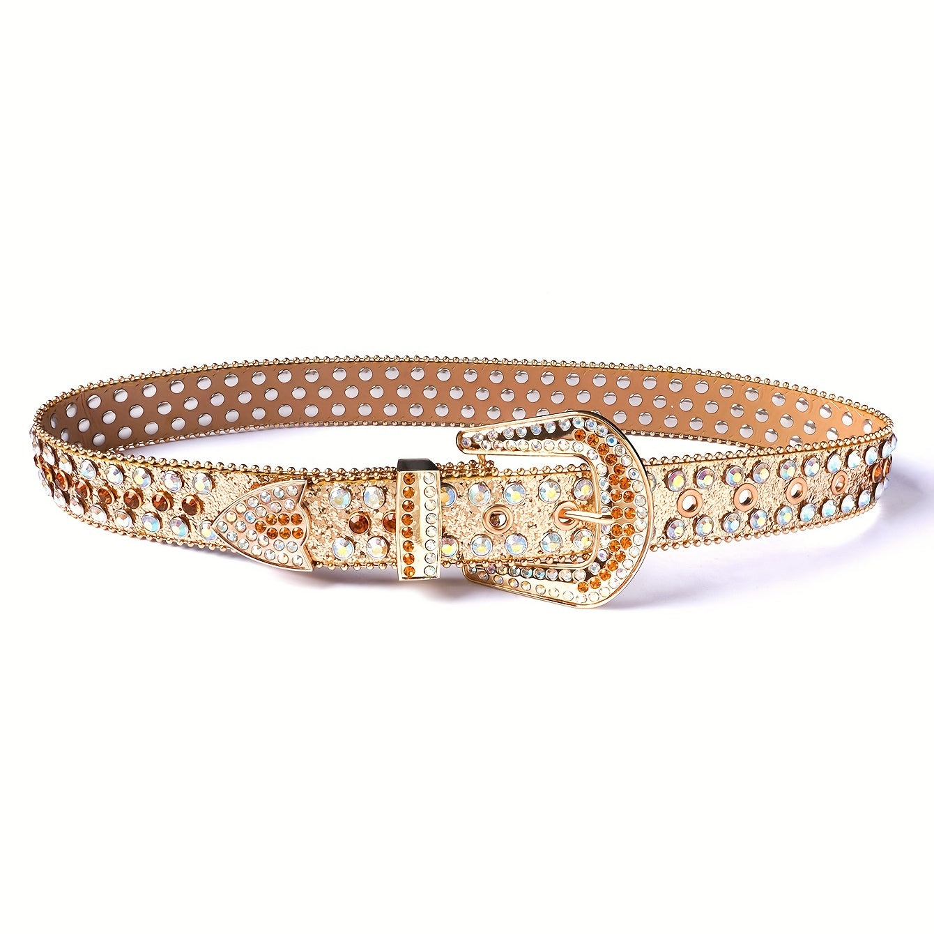 Rhinestone cowboy belt laid flat showing studded design and buckle
