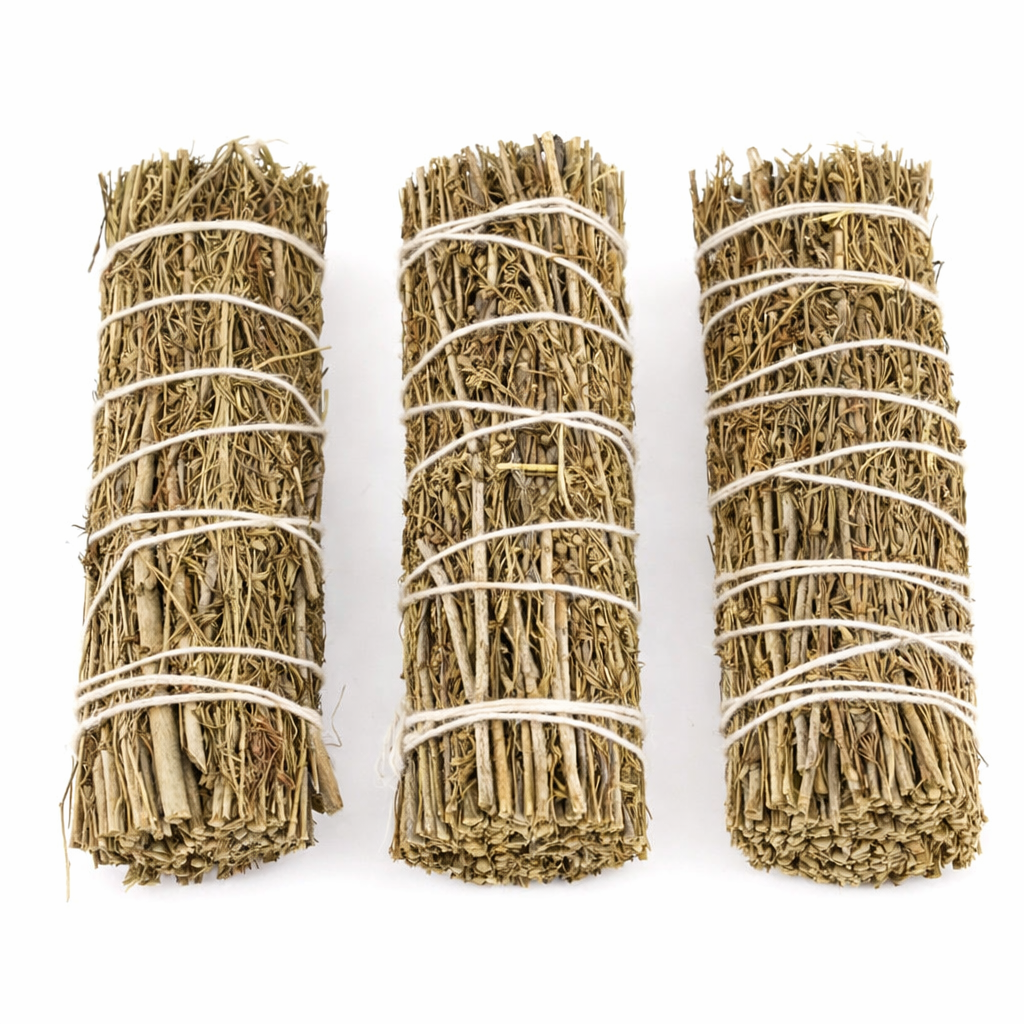 Three bundles of dried herbs tied with twine on a white background - Clover's Charm