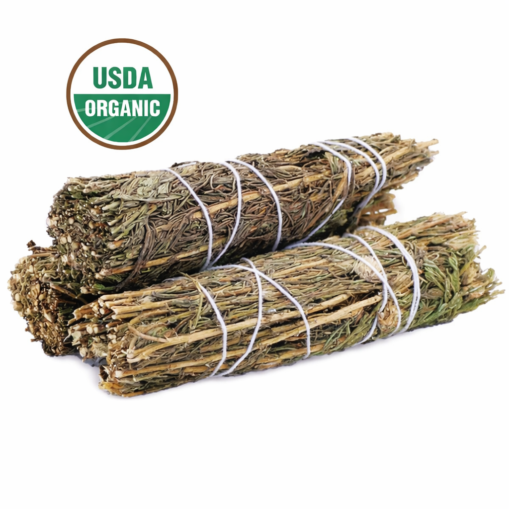 Three  bundles of dried sage tied with twine on a white background, with a USDA Organic logo above -Clover's Charm