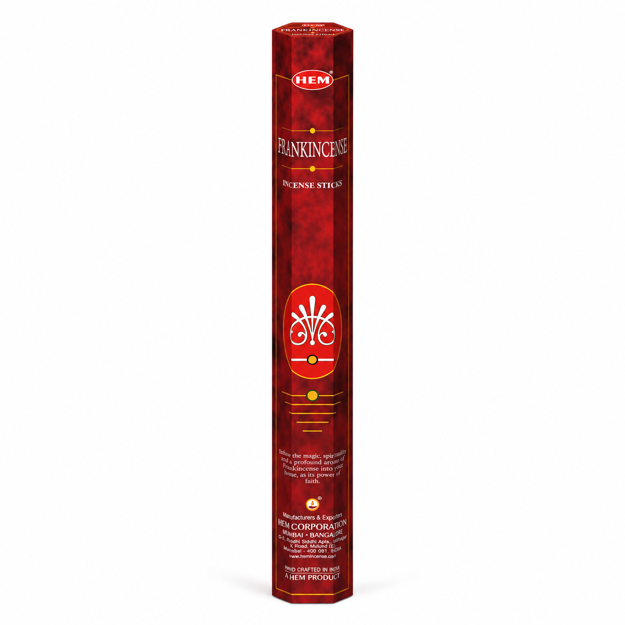 Red box of HEM Frankincense Dhoop Sticks on a white background -Clover's Charm