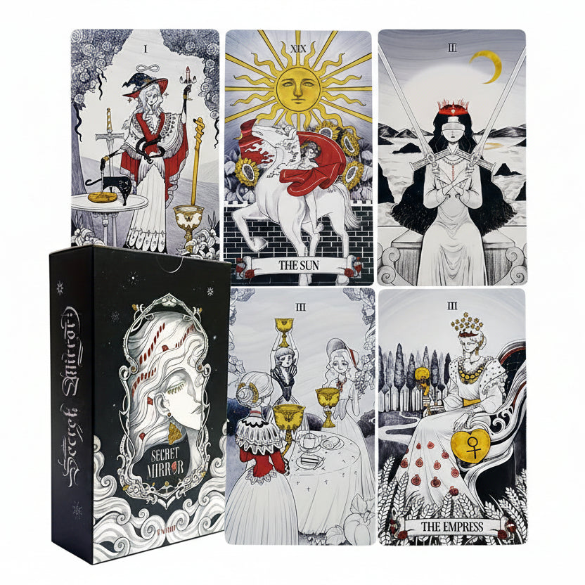 Collection of tarot cards with intricate designs and a box labeled 'Secret Mirror' on a white background.