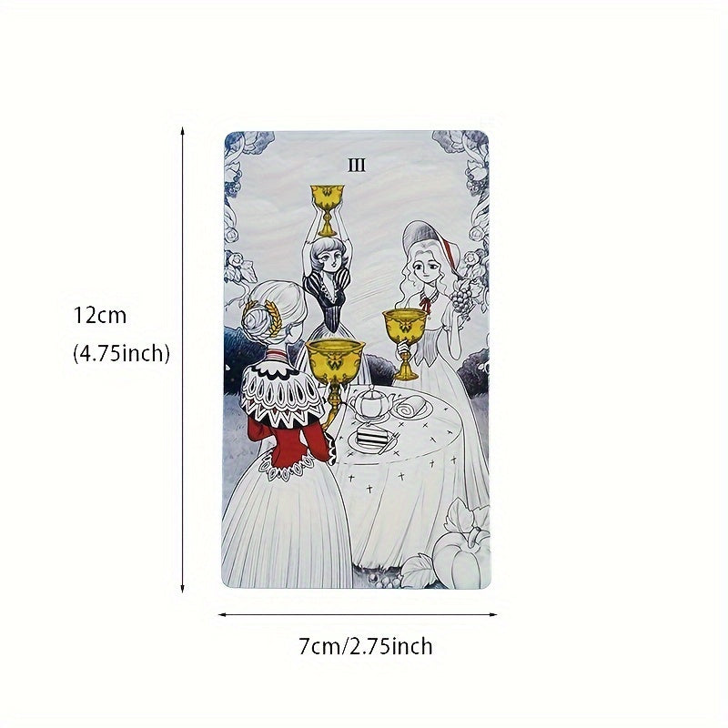 Tarot card design with measurements on a white background