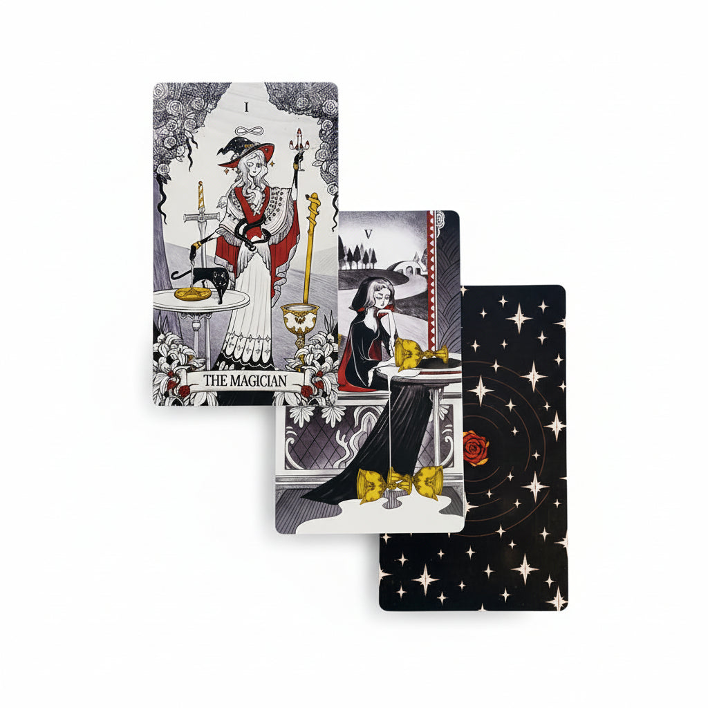 Three tarot cards with illustrations of people and objects on a black background with a yellow pentagram design.