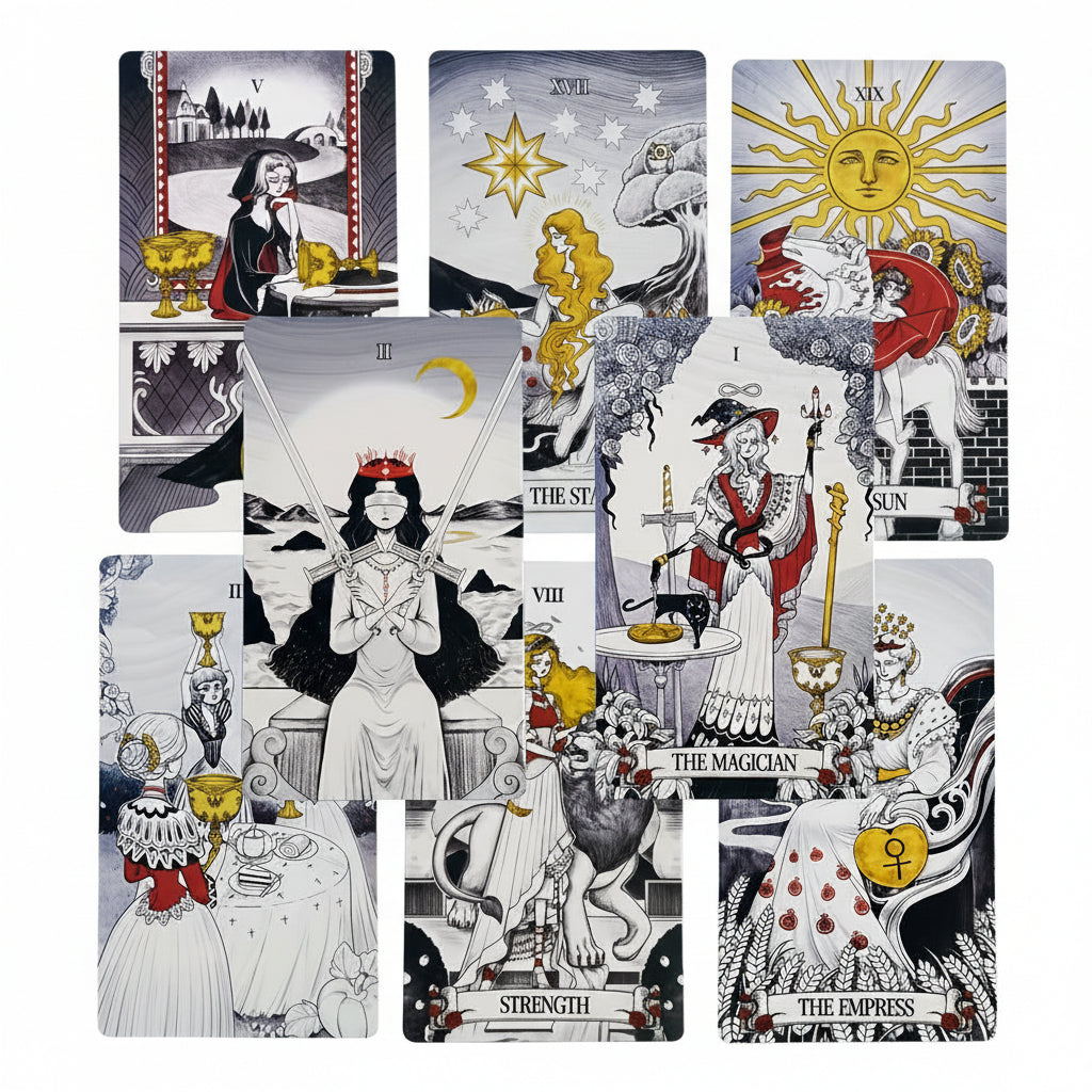 Collection of tarot cards with various illustrations and text on a white background