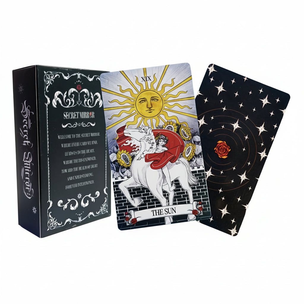 Tarot card set with 'The Sun' card and packaging on a white background
