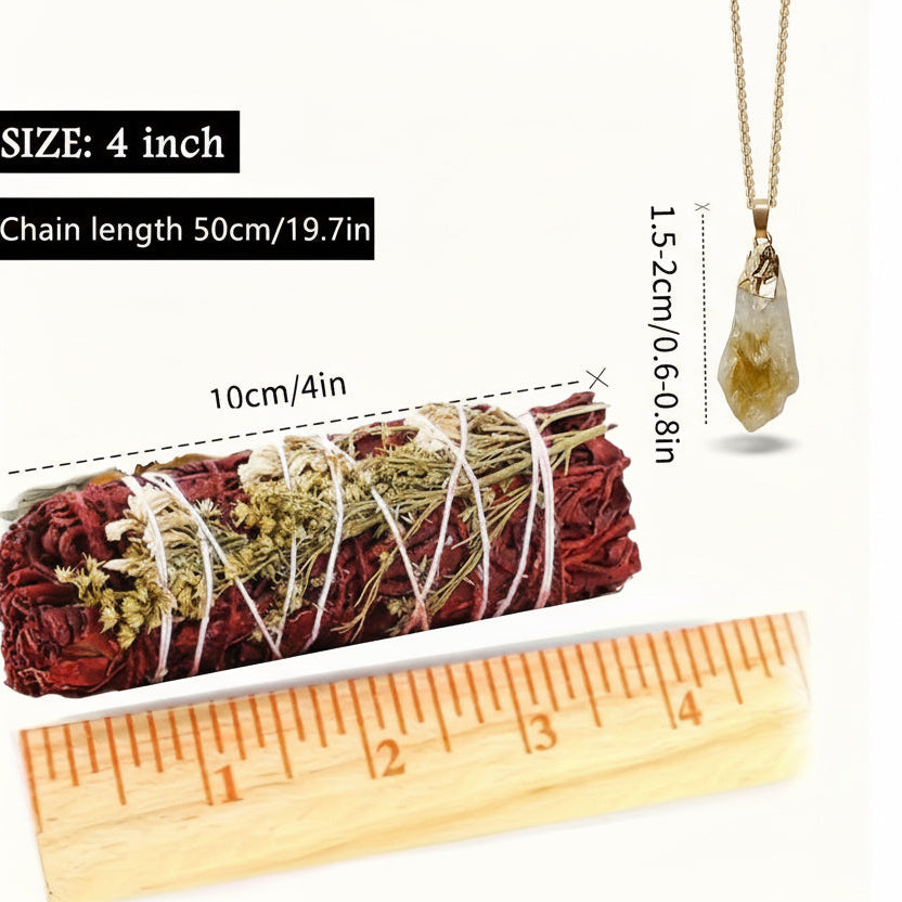 Dragons blood smudge sticks with a necklace and measurements on a white background