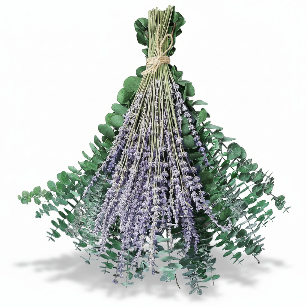 Dried eucalyptus and lavender hanging shower bouquet displayed on a white background