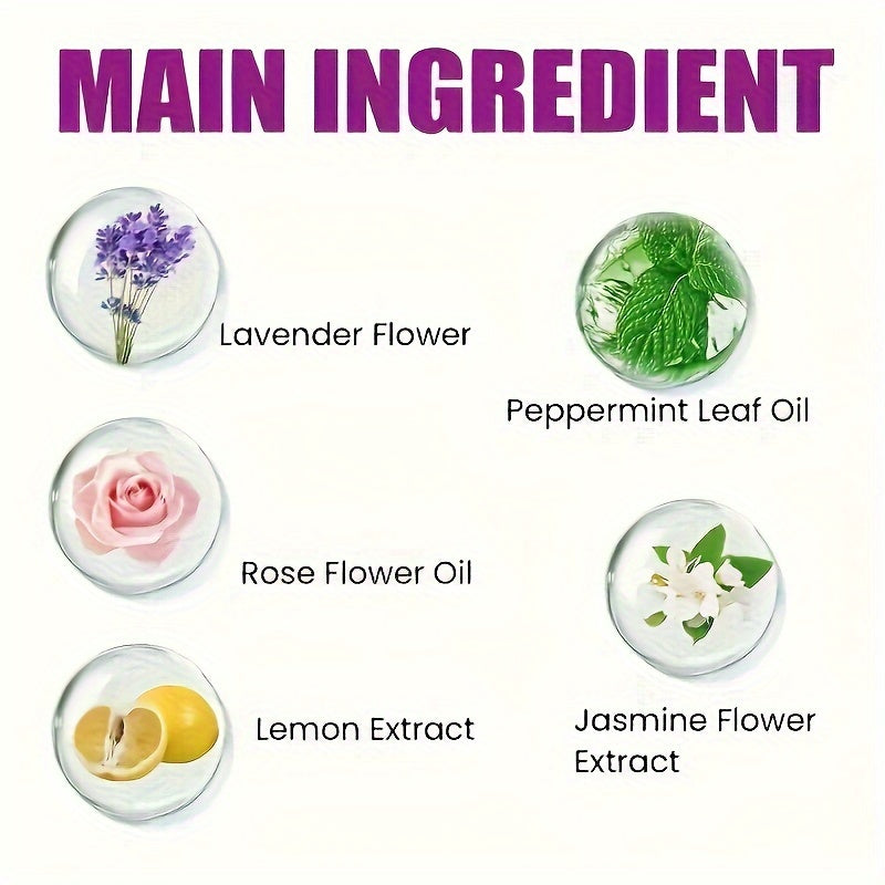 List of main ingredients including lavender flower, peppermint leaf oil, rose flower oil, lemon extract, and jasmine flower extract.