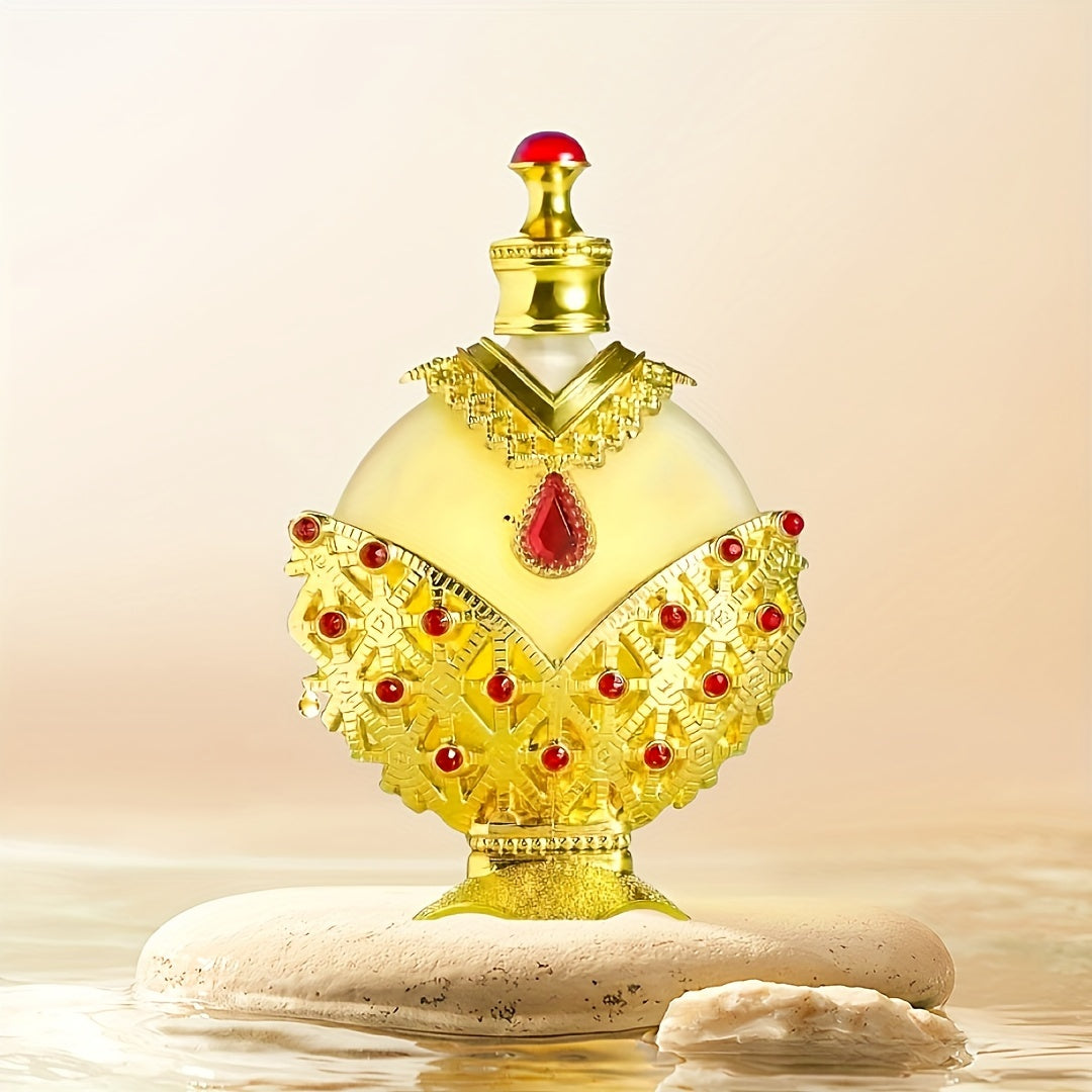 Decorative bottle with gold and red details on a beige background