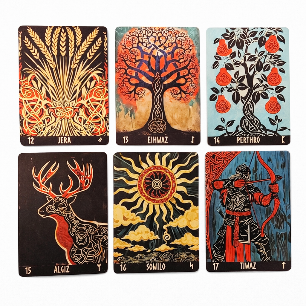 Set of six rune cards with various designs and symbols on a white background