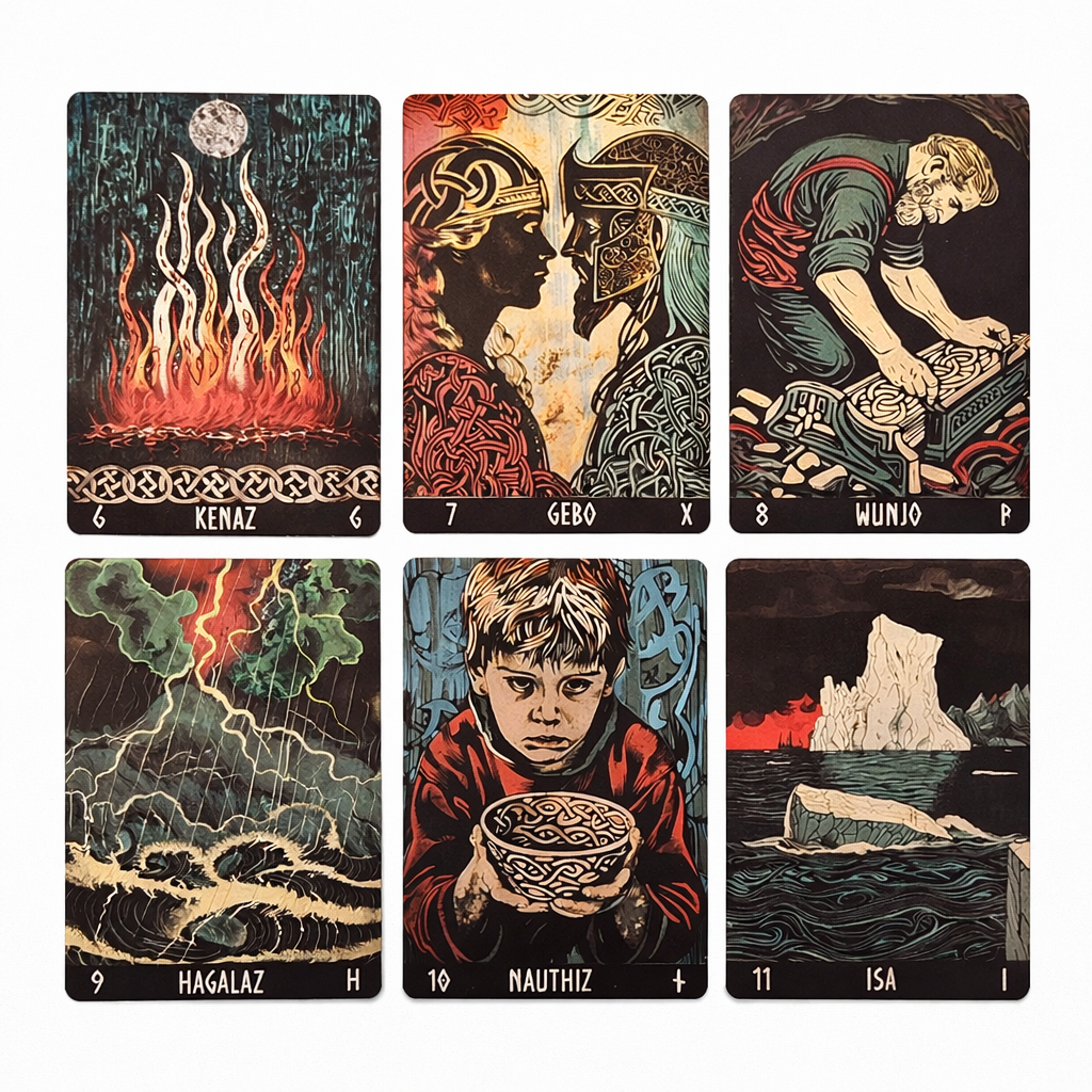 Set of six rune cards with various illustrations and text on a white background