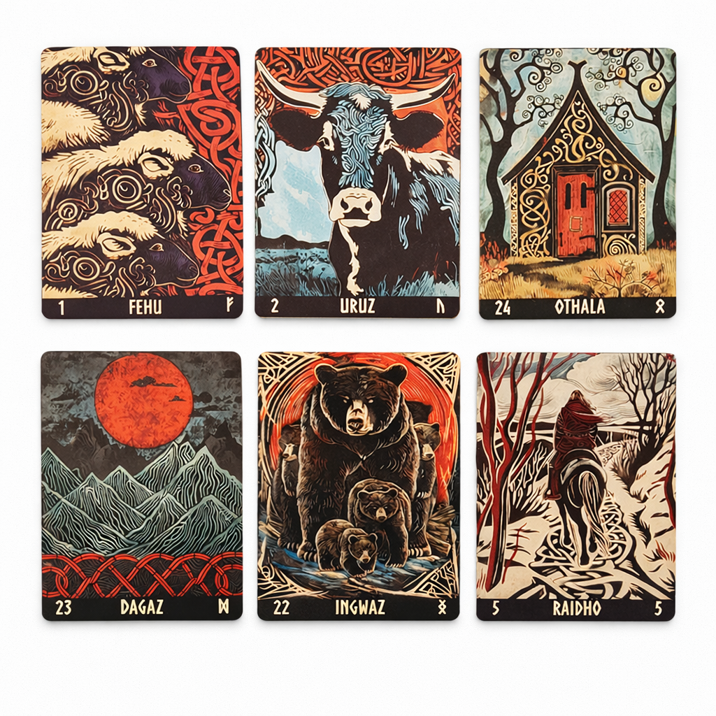 Set of six rune cards with various designs and symbols on a white background