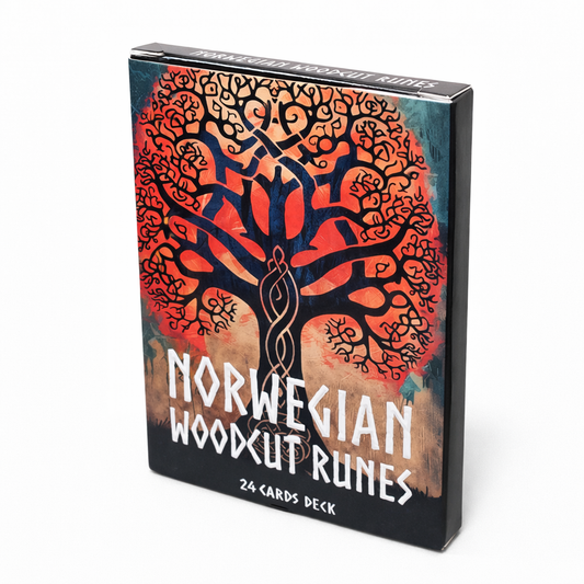 Card deck packaging with a tree design and 'Norwegian Woodcut Runes' text on a white background