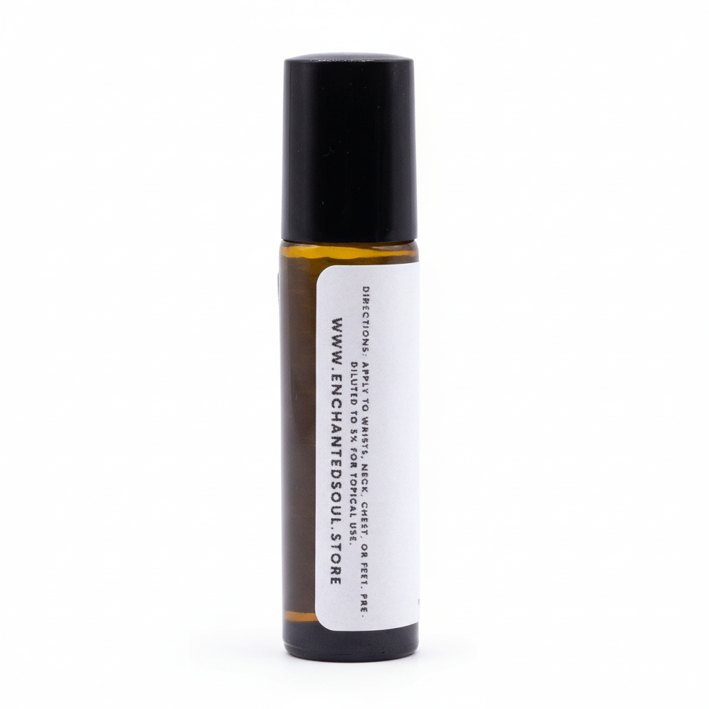 Roll-on bottle with black cap and white label on a white background