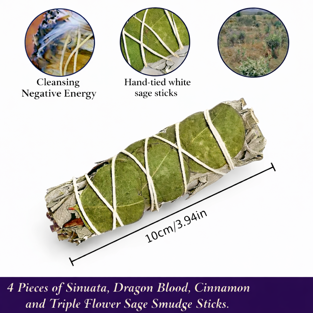 Hand-tied white sage sticks with close-up insets on a white background