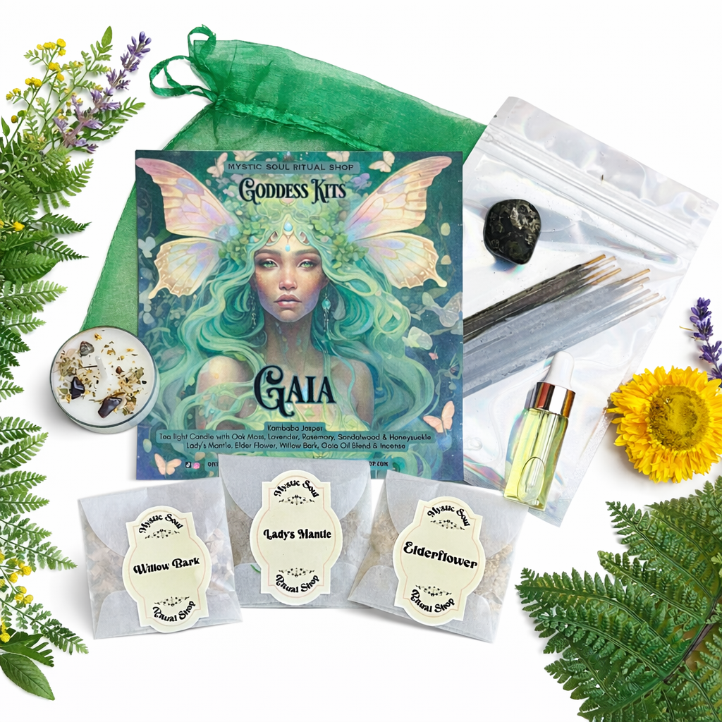 Goddess Kit packaging with herbs, flowers, and candles on a white background