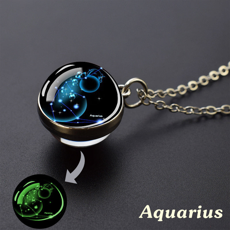 Necklace with a pendant featuring the Aquarius zodiac sign on a dark background