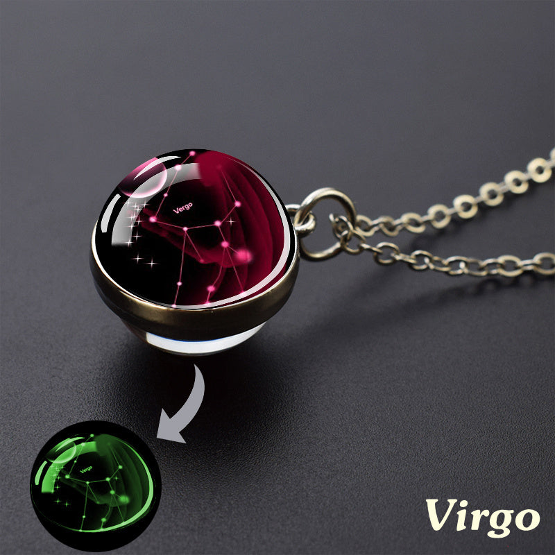 Necklace with a Virgo zodiac-themed pendant on a dark background
