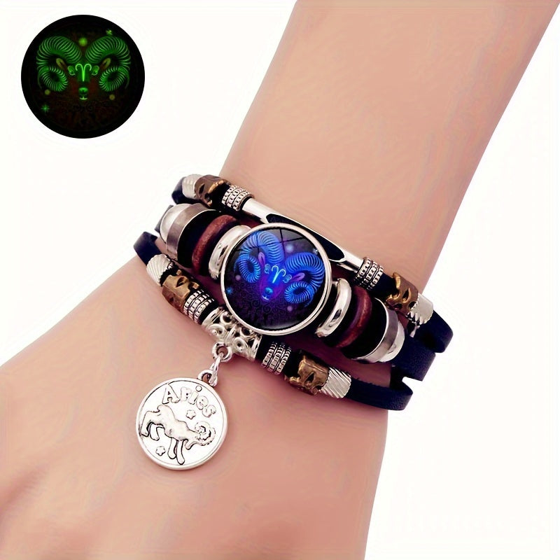 Glow zodiac bracelet PU leather charm worn on wrist glowing constellation with Aries symbols on a slender wrist.