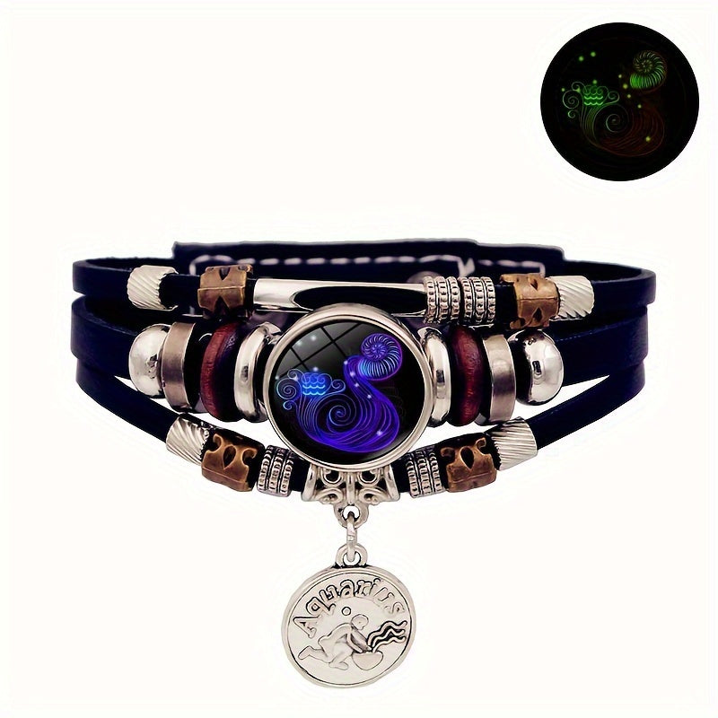 Multicolored Aquarius zodiac bracelet with a dark blue and purple circular pendant on a white background