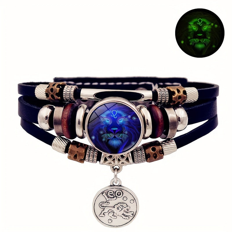 Multistrand bracelet with Leo zodiac charm and glowing inset on a white background