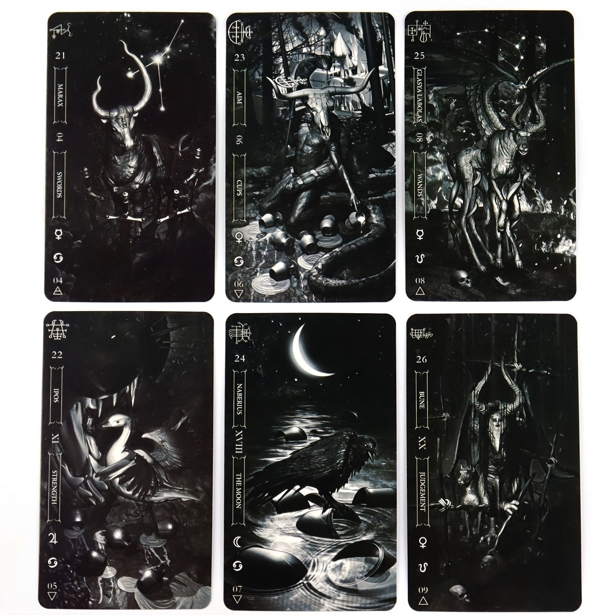 Set of six black and white tarot cards with dark, mystical imagery.