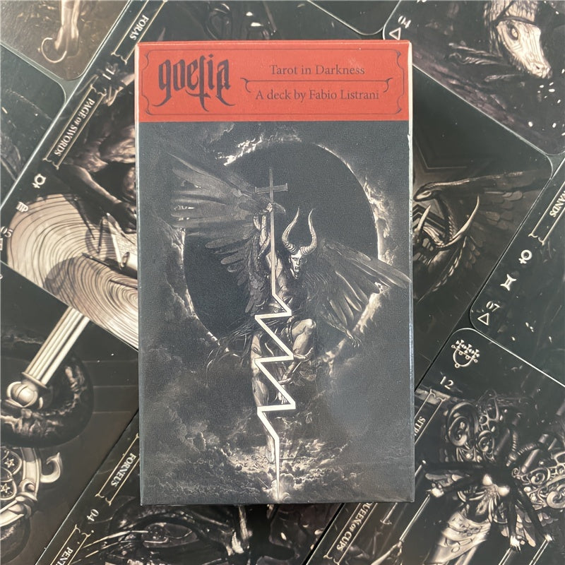 Goetia Tarot in Darkness deck packaging with gothic design elements.