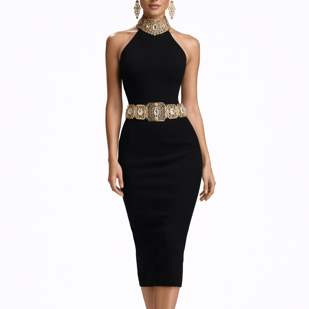 Woman wearing a black dress with a gold belt on a white background