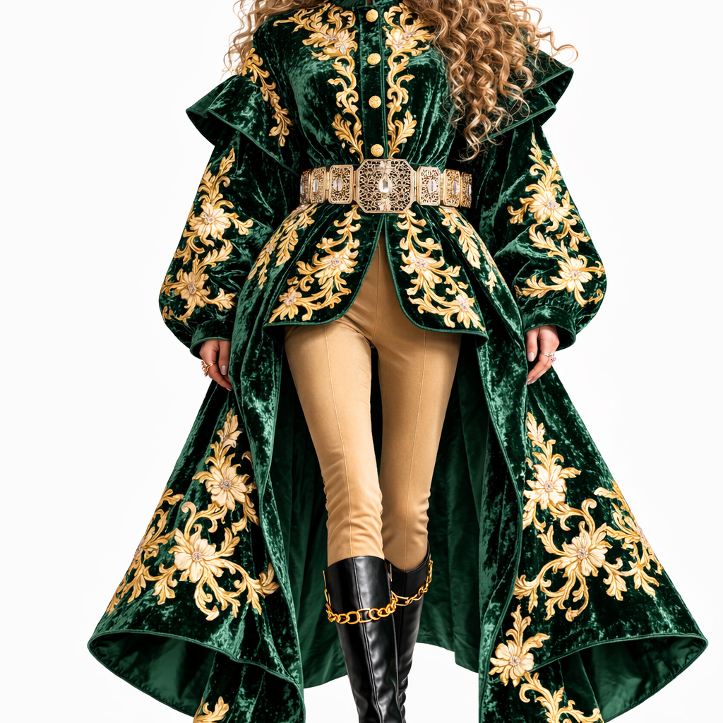 Woman wearing a green and gold embroidered coat, gold tone belt with clear stones, tan pants, black boots, with a white background
