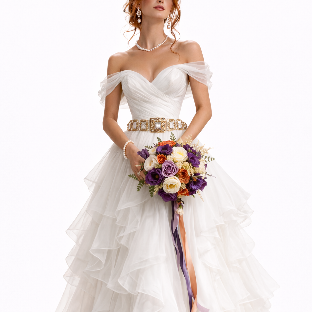 Woman in a white wedding dress holding a bouquet of flowers on a white background