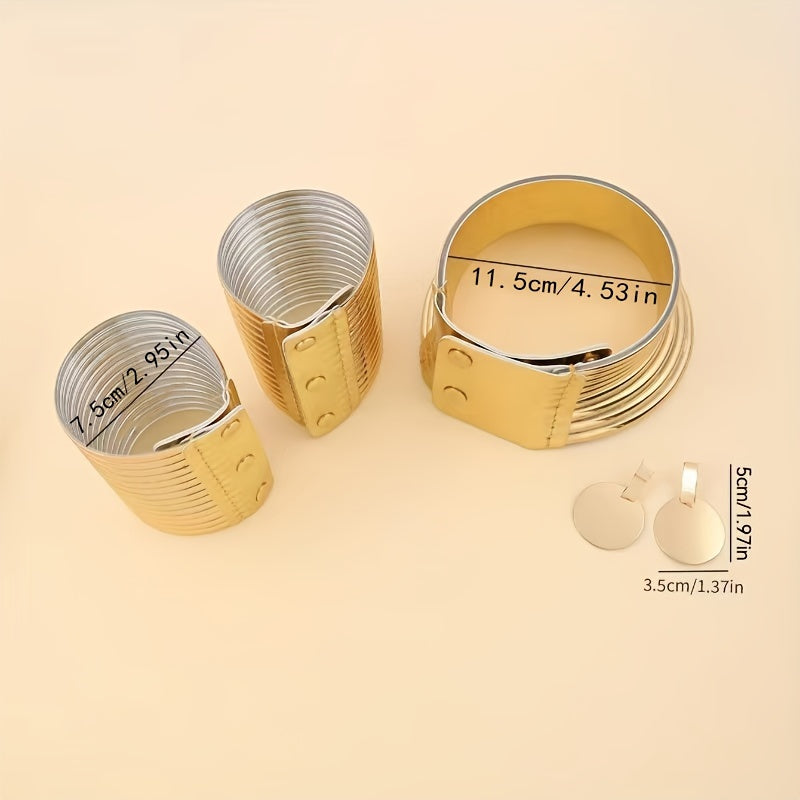 Gold look bangle jewelry set with measurements on a beige background