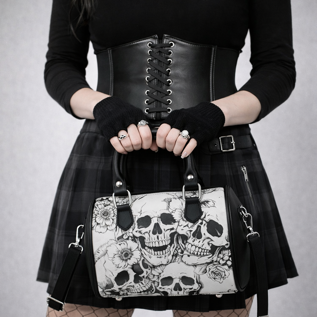 Person holding a handbag with skull design, wearing a black leather waist corset.