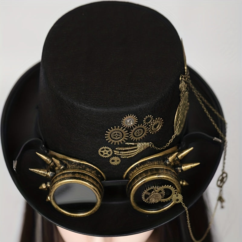 Gothic steampunk felt top hat with rivet goggles front view
