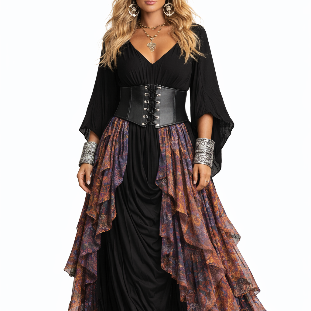 Woman wearing a black and patterned dress with a white background