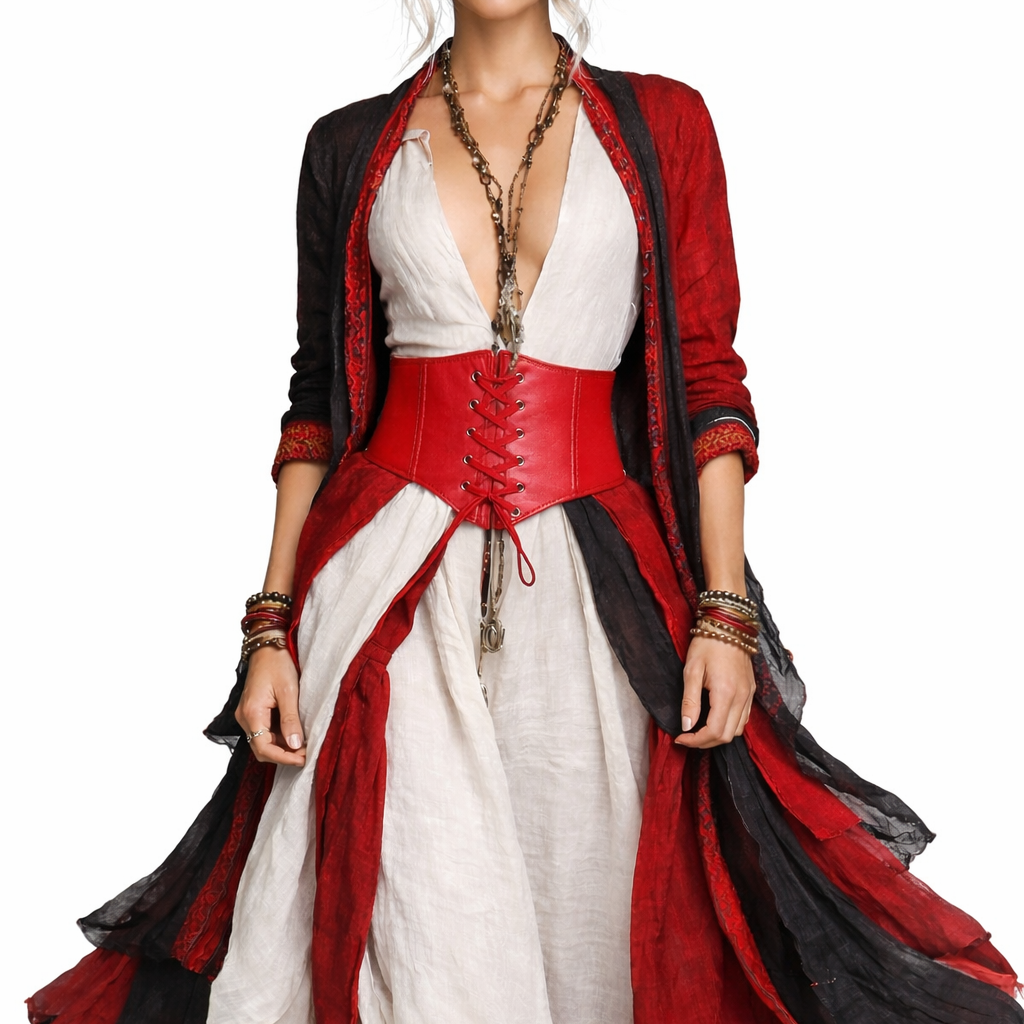 Woman wearing a red, black, and white dress with a corset-like top on a white background