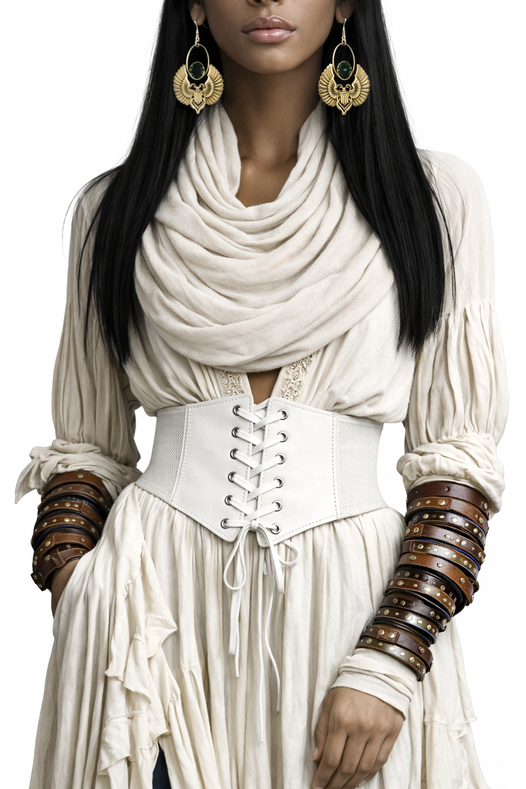 Person wearing a white corset, long sleeves, and decorative arm bands on a white background