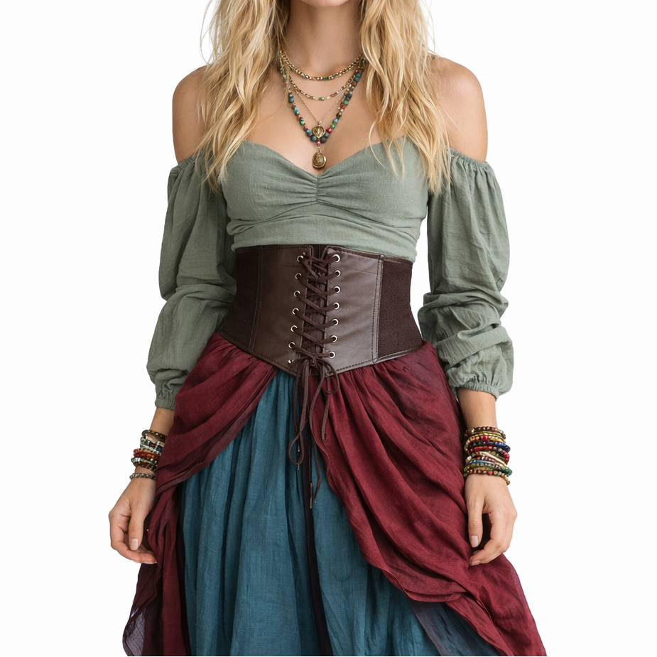 Woman wearing a green off-shoulder top with a brown and red corset and skirt on a white background