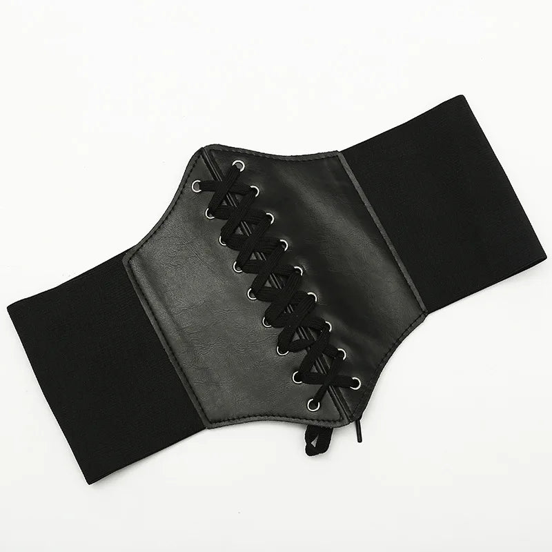 Black faux leather corset on a white background