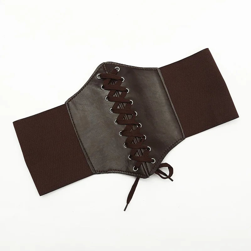 Brown faux leather corset belt on a white background