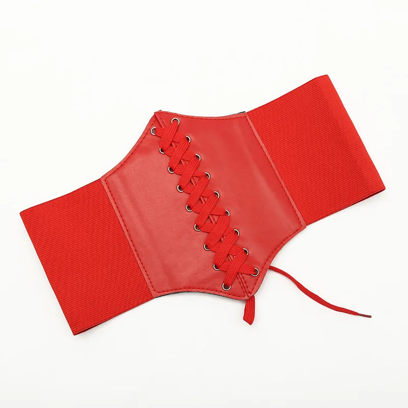 Red faux leather corset on a white background
