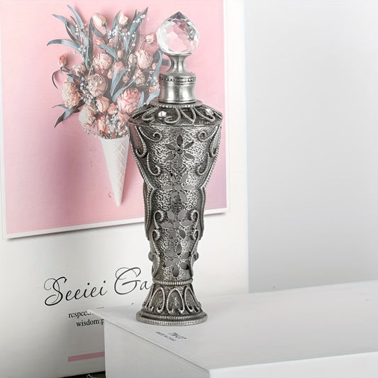 Hand painted vintage inspired glass perfume bottle with enameled metal overlay and crystal style stopper
