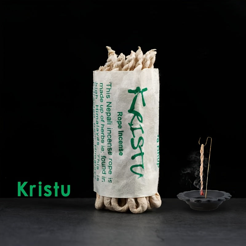 Nepali rope incense with 'Kristu' branding on a black background