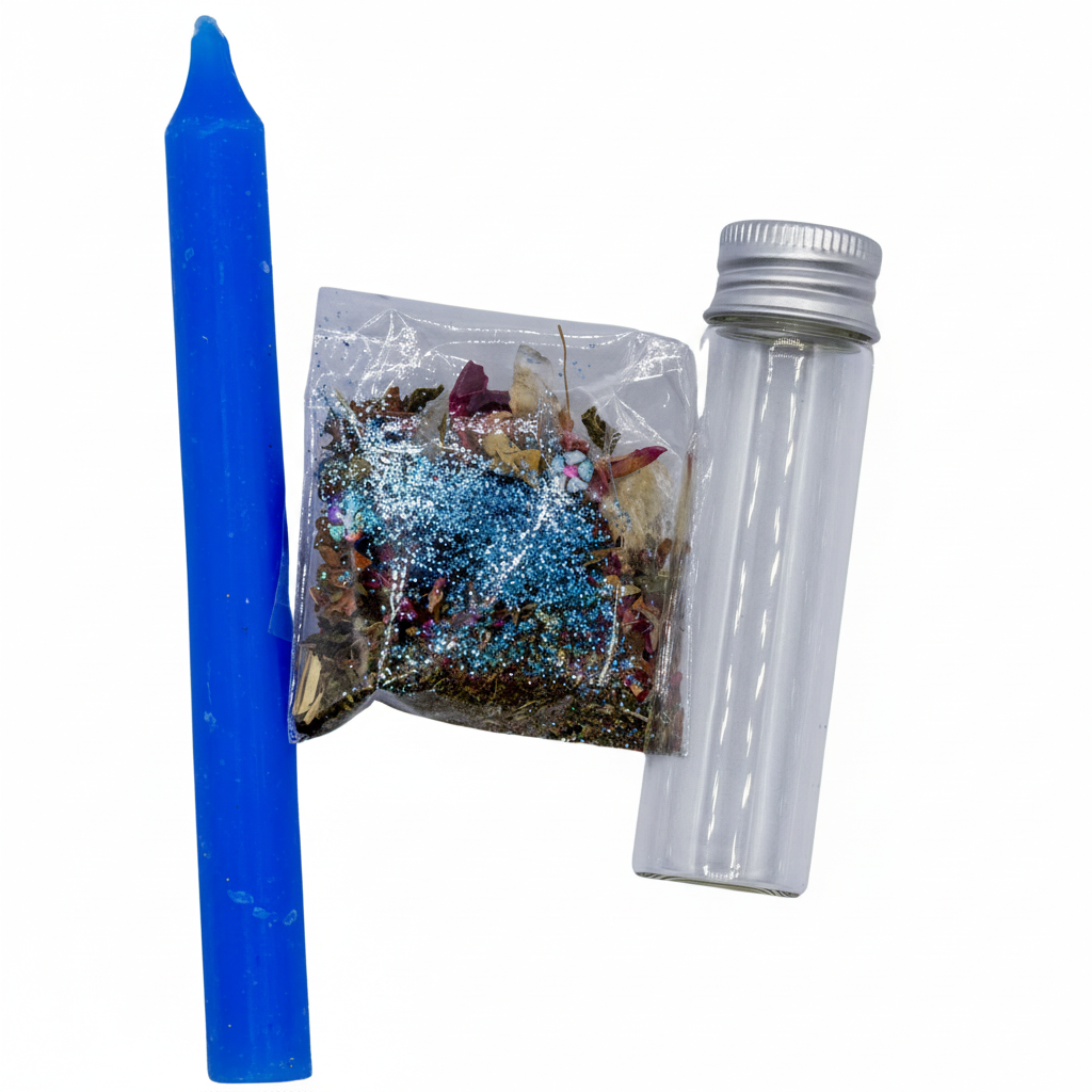 Blue candle, bag of dried herbs, and clear container with silver lid on a white background