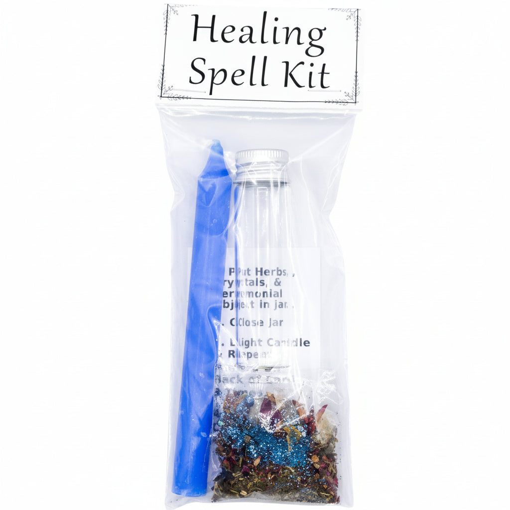 Healing Spell Kit with herbs and crystals in a clear package on a white background