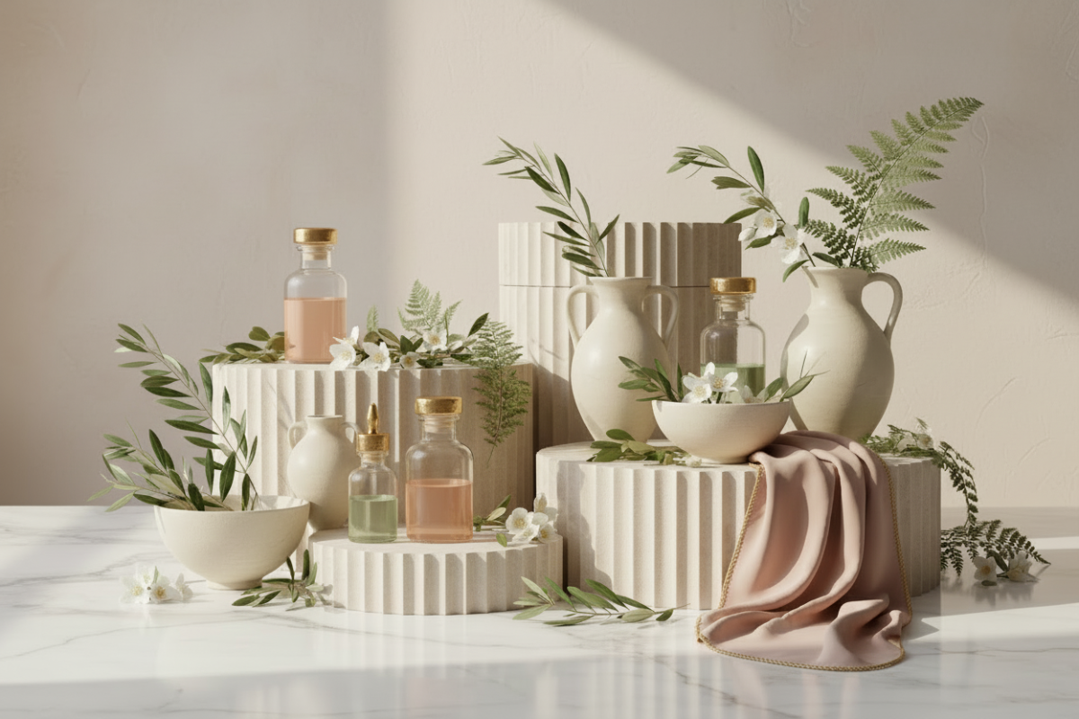 Decorative setting with vases, bottles, and plants on a light surface.