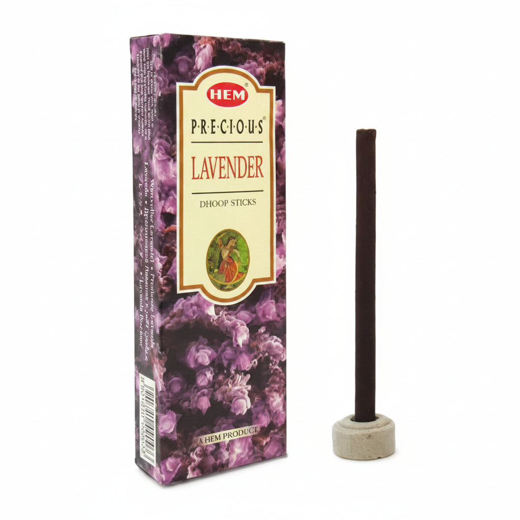 HEM precious lavender dhoop sticks displayed with one dhoop stick in stone holder on a white background. - Clover's Charm