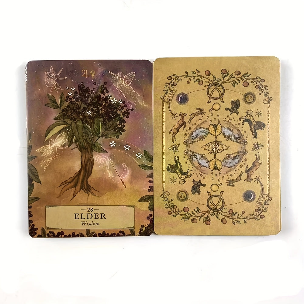 Card with an elder tree design and measurements on a white background