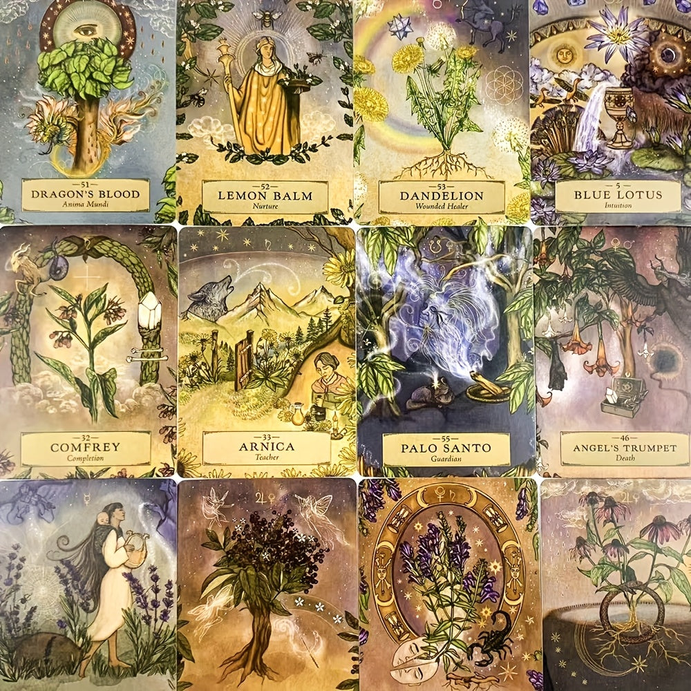 Collection of tarot cards with various plants and symbols