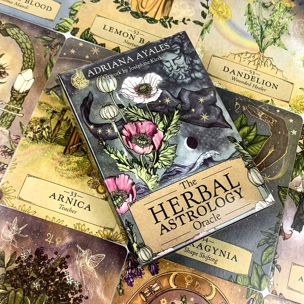 Herbal Astrology Oracle cards with floral designs and text